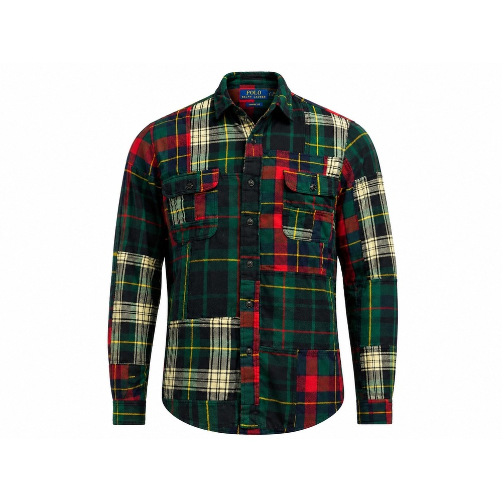Polo Ralph Lauren Flannel Shirt Men Large Patchwork Plaid Classic Fit Cotton